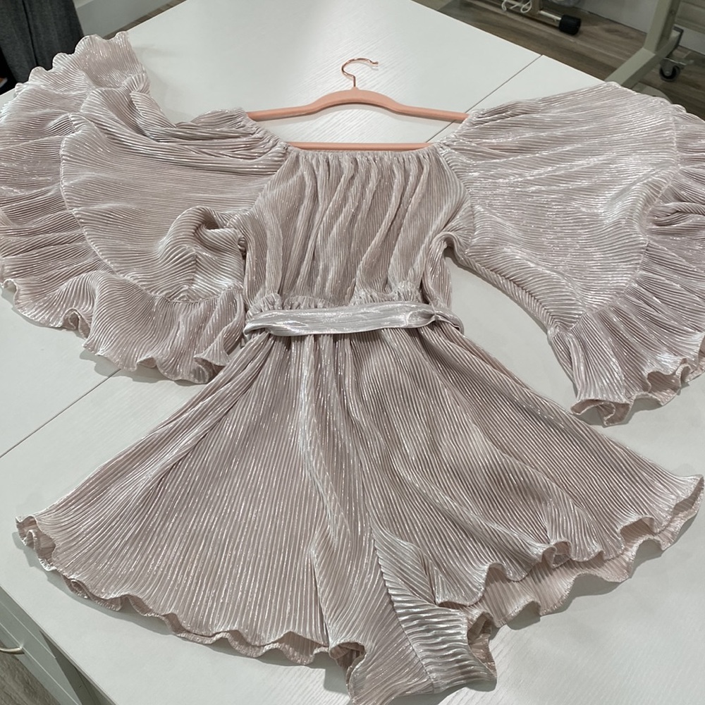 L Atiste by Amy gold holiday romper. Off shoulder belted